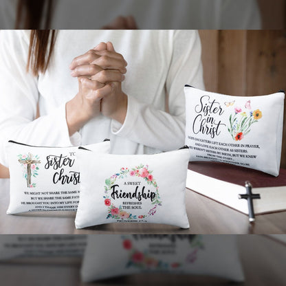 Twelve-Piece Faith-Themed Makeup Bag Set with Six Printed Designs, Mixed Colors and Black Zippers
