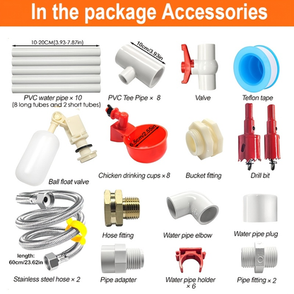 Automatic Poultry Watering System Kit with 10 Red Cups, PVC Pipe Fittings, Regulator and Hose Connections