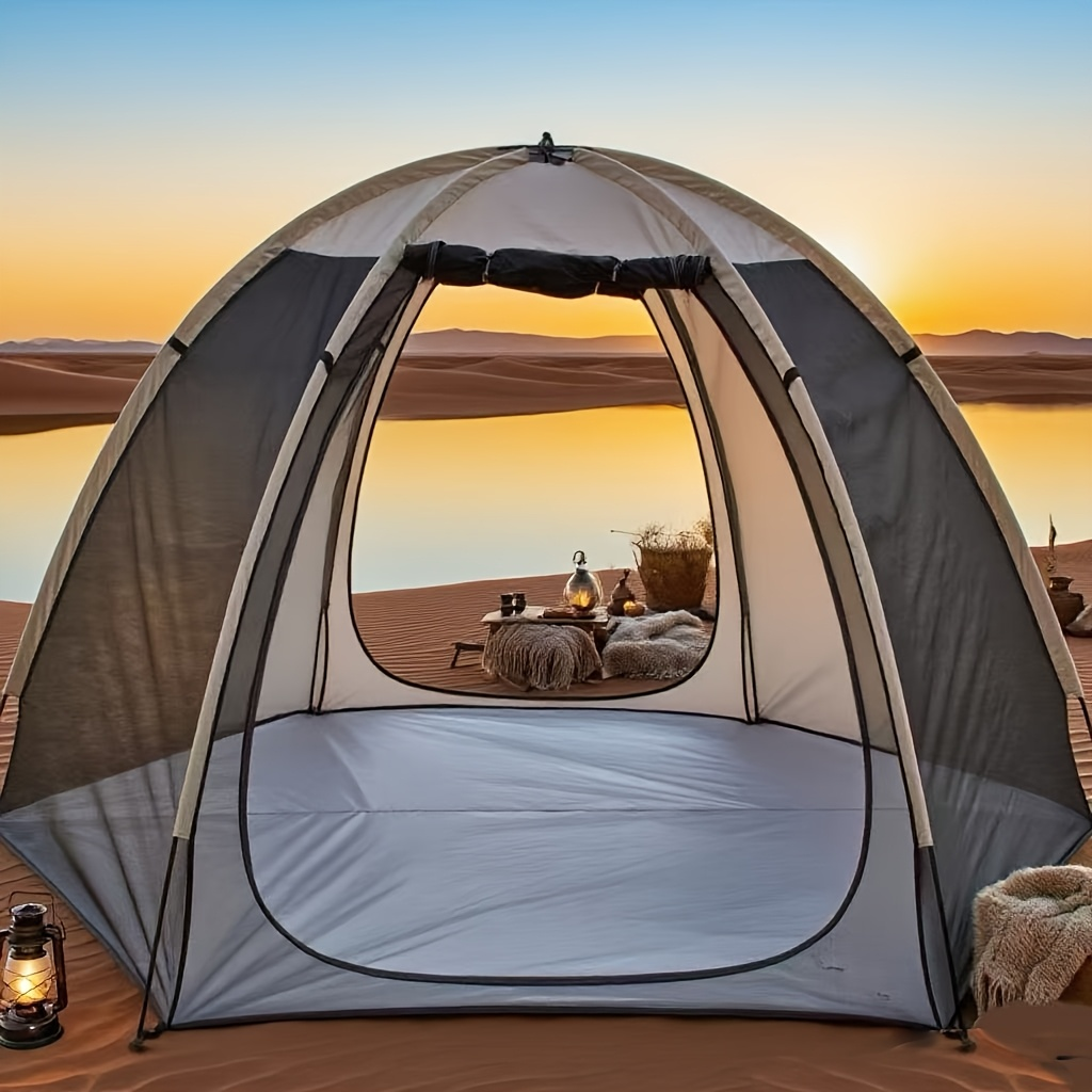 Portable Khaki Dome Screen Tent with Full Mesh Panels, Wide Zippered Entry and Flexible Pole Frame