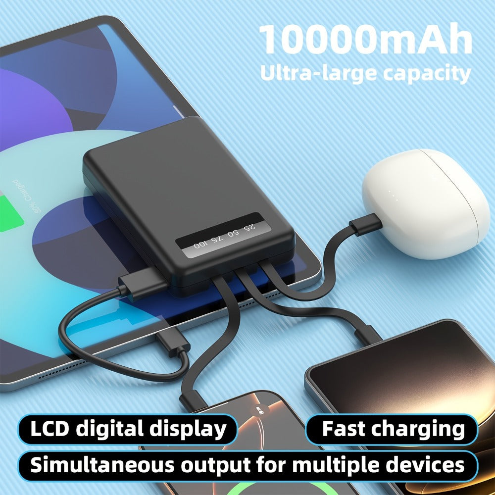 Slim Power Bank 5000mAh / 10000mAh with Built-in USB-C Cable, Charges 4 Devices Simultaneously, LED Indicator – Ultra-Compact Portable Charger for iPhone, Android, Travel, Everyday Carry