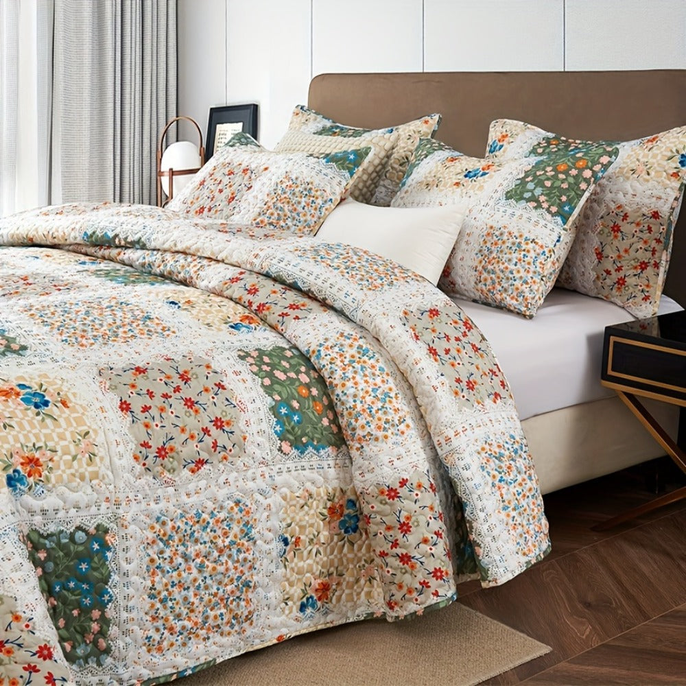 Floral Patchwork Quilt Set in Green, Blue, Grey Pink or Pink with Twin, Full/Queen and King Sizes