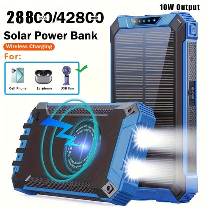 42800mAh Solar Power Bank Wireless Charging with 4 Built-In Cables – 6 Output Ports 15W Fast Charge Dual LED Flashlight Portable Battery Pack for iPhone Samsung Android Camping Travel Emergency
