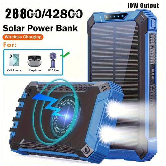 Power Bank Solar 28800mAh or 42800mAh with Wireless Charging, Four Cables and Dual Flashlights
