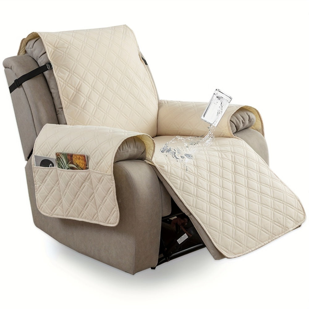 Quilted One-Piece Recliner Chair Cover with Side Pockets, Back Buckle Strap and 11 Color Options