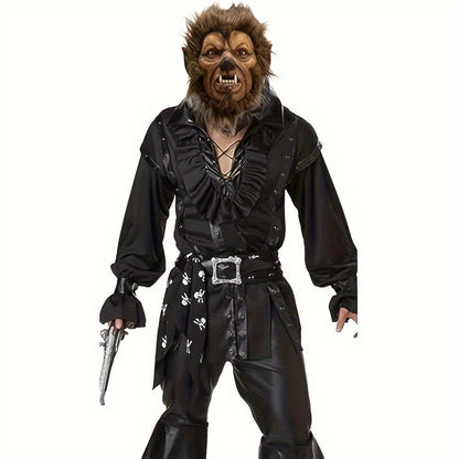 Hairy Brown Beast Costume Mask with Full-Head Creature Face, Pointed Ears and Faux-Fur Surround