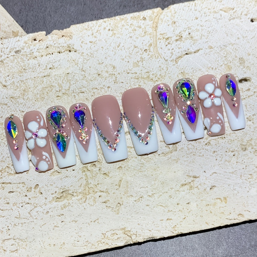 Press On Nails 10-Piece Square French-Tip Set with Nude White Gloss, AB Rhinestones and Floral Design