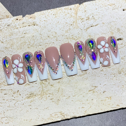 Press On Nails 10-Piece Square French-Tip Set with Nude White Gloss, AB Rhinestones and Floral Design
