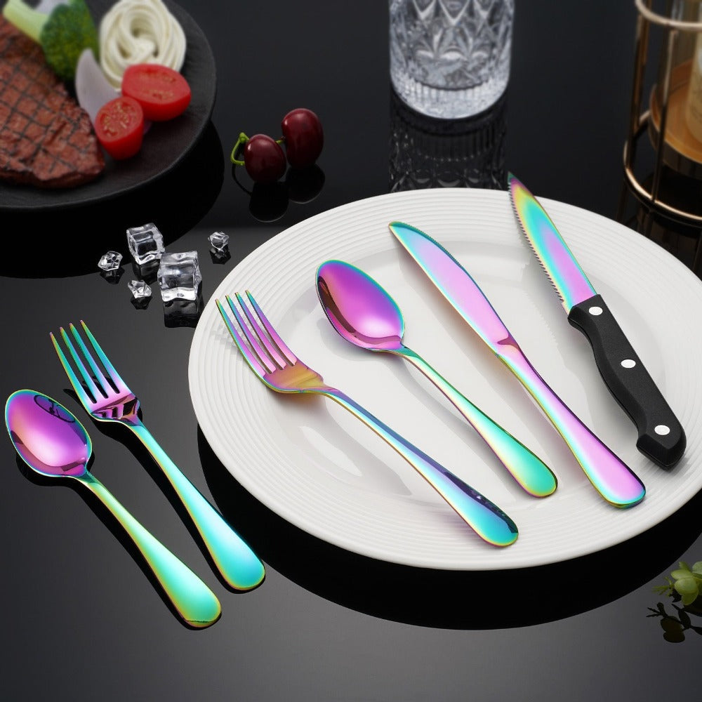 24-Piece Rainbow Flatware Set with Four Black-Handle Steak Knives and Six Four-Piece Utensil Groups