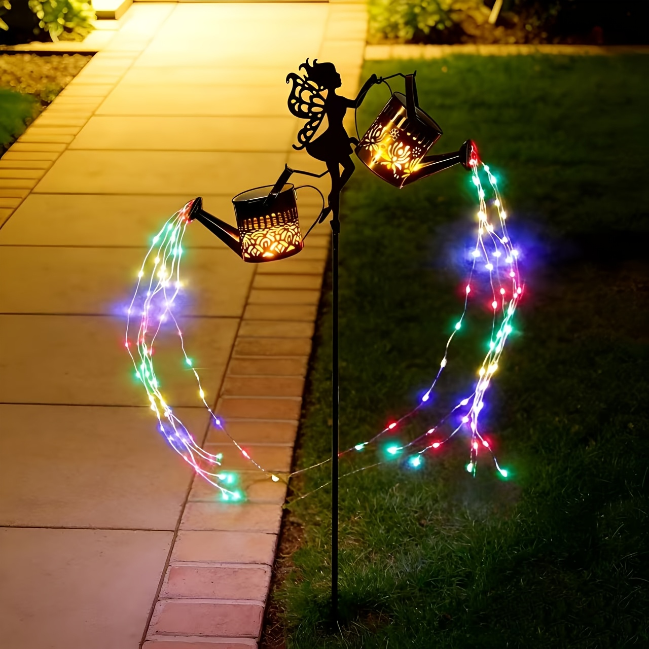 Solar Garden Lights Fairy Waterfall Statue with Multicolor String Lights and Ground-Stake Installation