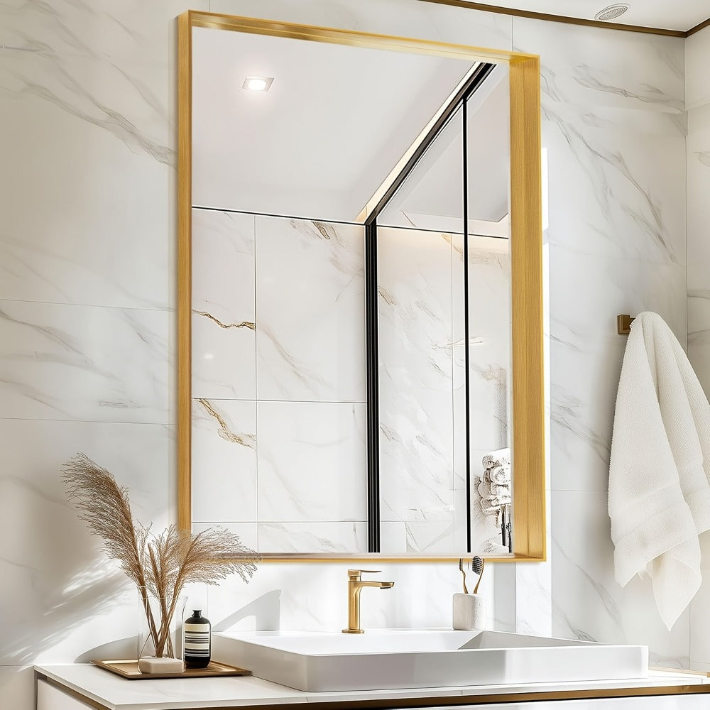 Bathroom Vanity Mirror Wall Mounted Metal Frame Rectangle – Anti-Rust Farmhouse Mirror in Matte Black, Gold & Silver, Multiple Sizes, Horizontal or Vertical Hang