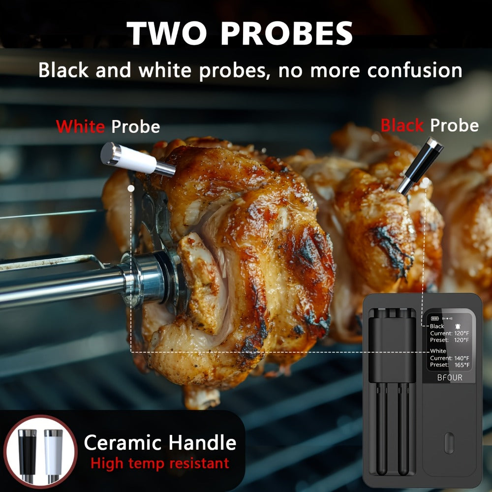 BFOUR BF-40 Wireless Cooking Thermometer with Dual Probes, App Display, Base Screen and USB Charging