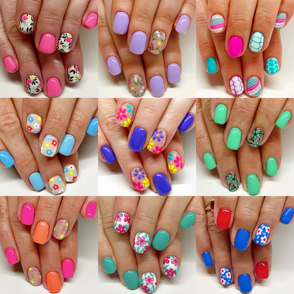 Floral Nail Stickers 216 Pieces 9 Packs Short Press On Nails – Plant Flower Designs Glossy Full Cover False Nails Spring Summer Easy Removable Manicure Set for Women Girls