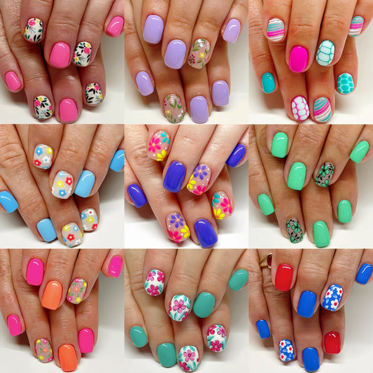Floral Nail Stickers 216 Pieces 9 Packs Short Press On Nails – Plant Flower Designs Glossy Full Cover False Nails Spring Summer Easy Removable Manicure Set for Women Girls