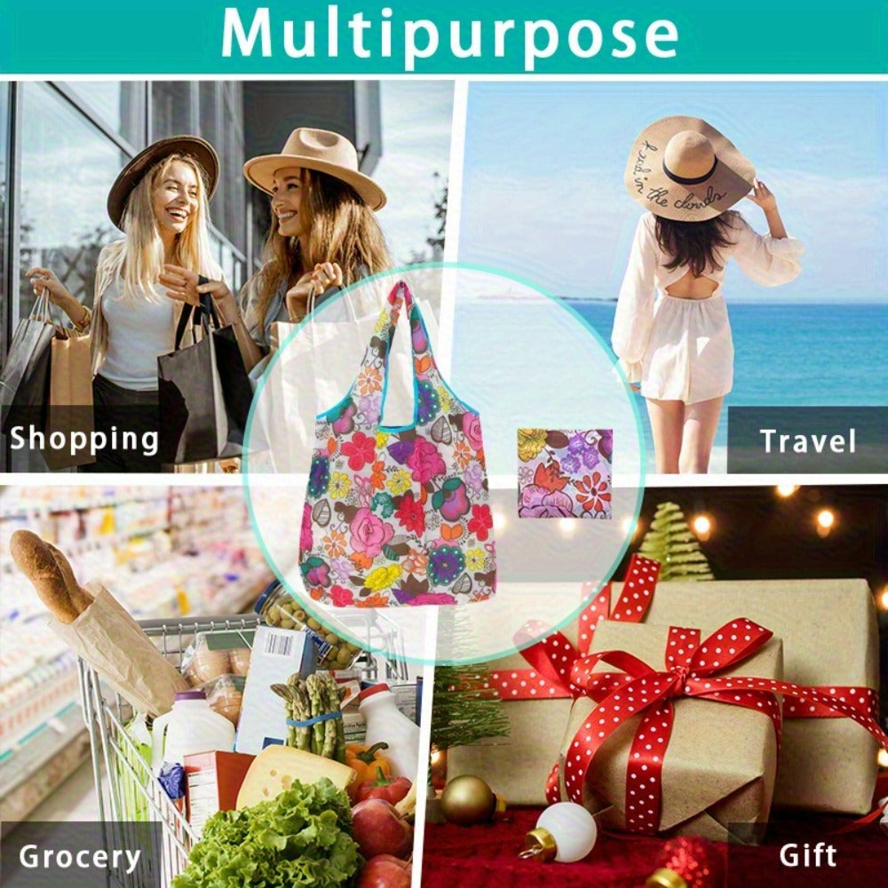 Reusable Foldable Shopping Tote Bag Set with Eight Assorted Printed Designs and Matching Zipper Pouches