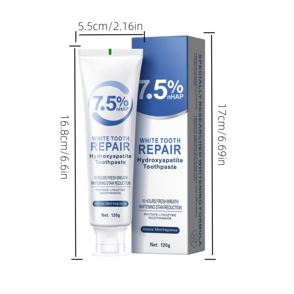 Six-Pack 120g Mint Toothpaste Tubes with 7.5% Hydroxyapatite and SP-8 Probiotics Package Labels