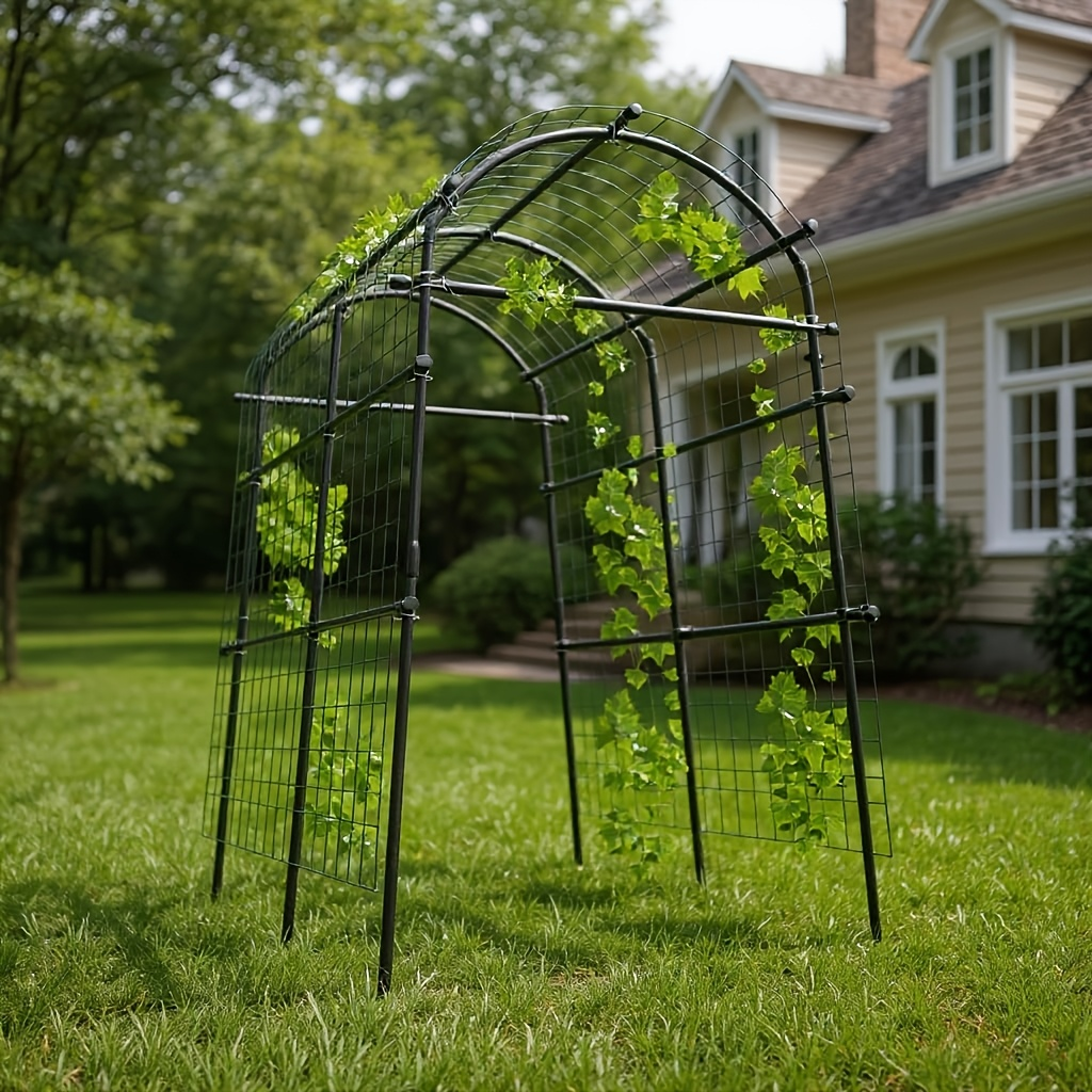 Garden Arch Trellis 7.5ft Tall Metal Climbing Plant Support with Netting for Vegetables Flowers Roses Outdoor Pergola Arbor Wedding Party Decoration Black