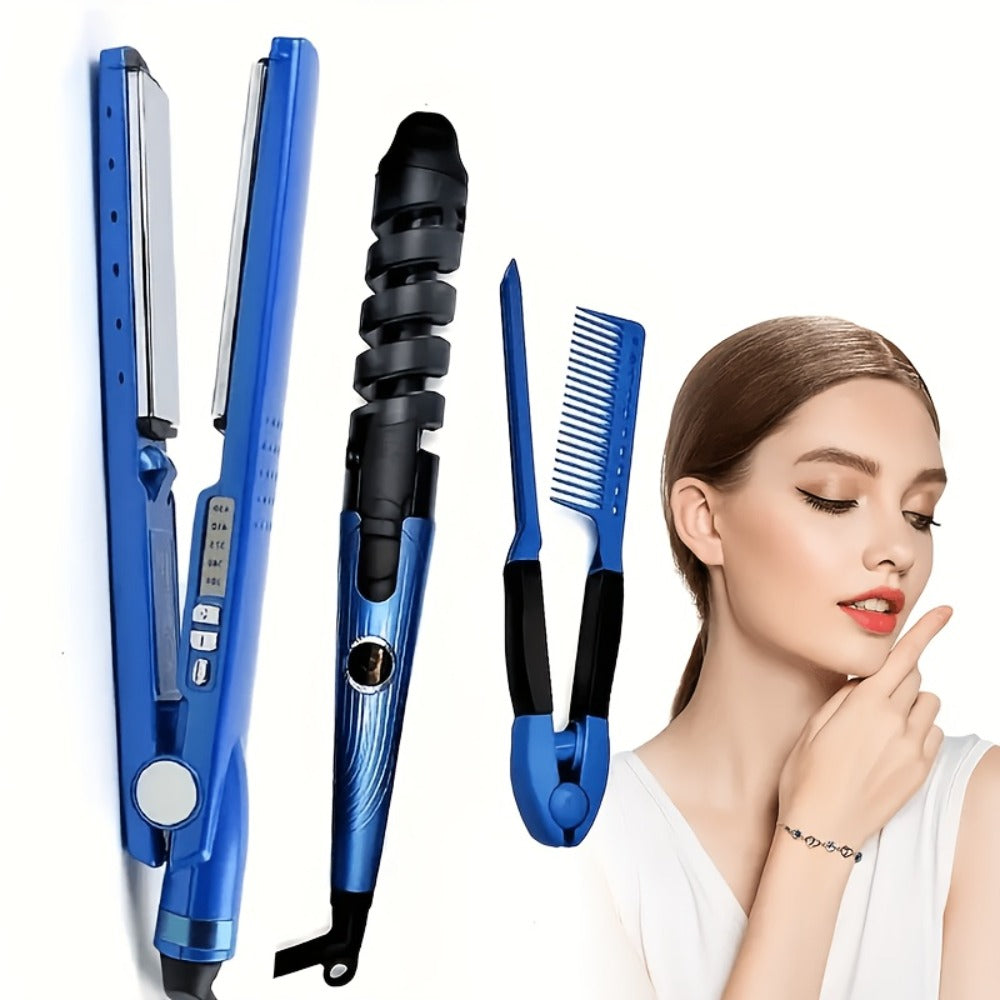 Flat Iron, Curling Iron and Comb Hair Styling Tool Set with Three Pieces in Blue for Home Styling