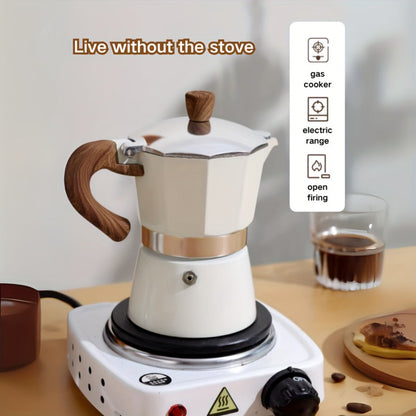 Classic 150ml Stovetop Moka Pot with Faceted Body, Wood-Look Handle and Seven Color Options