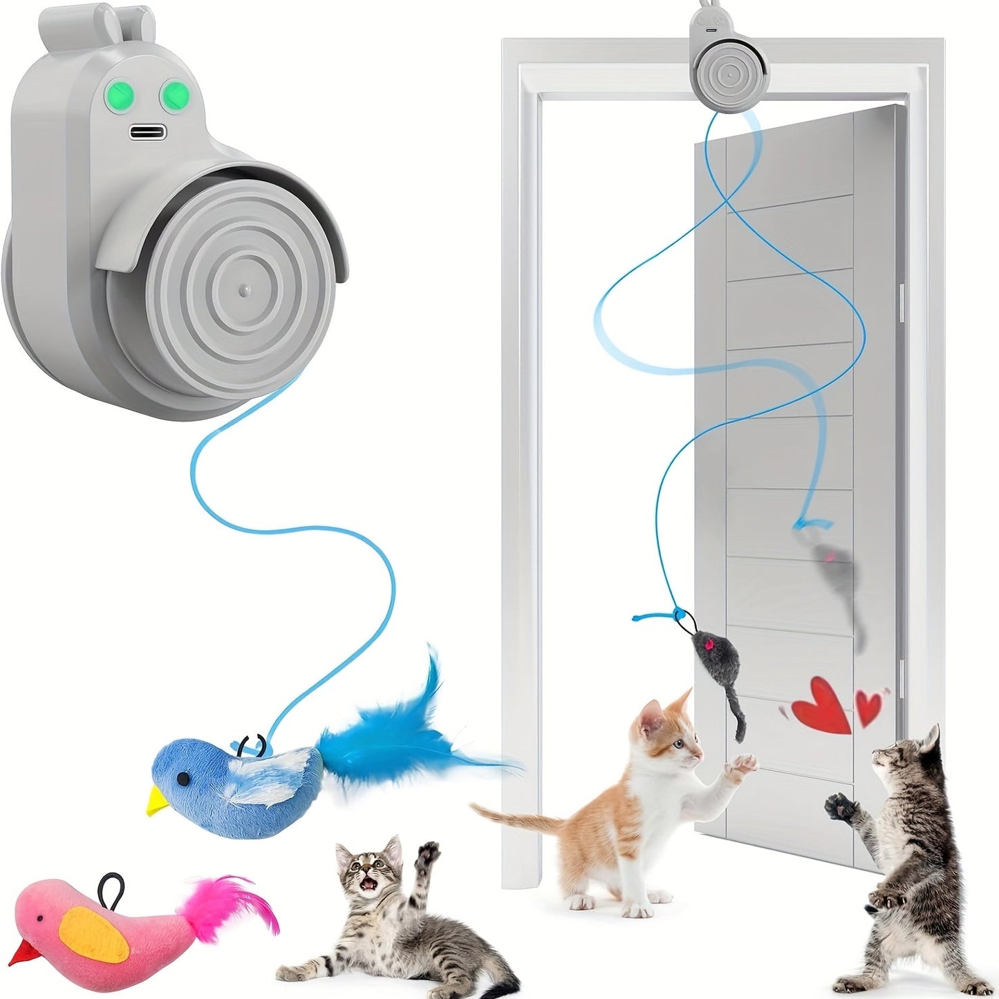 Cat Toy Electric Flying Feather with USB Rechargeable Hanging Drive, Stick-On Mount and Three Colors