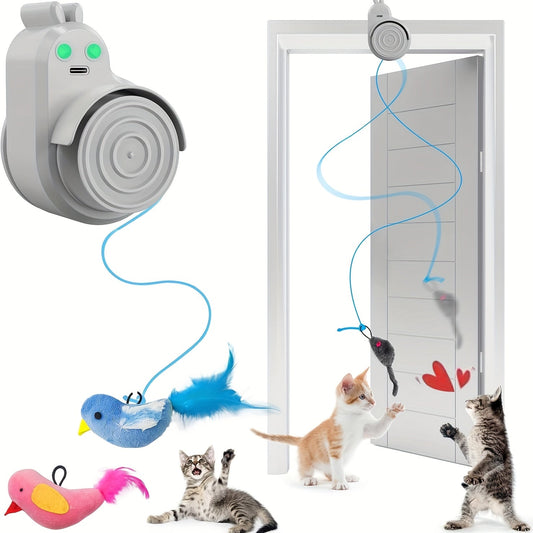 Cat Toy Electric Flying Feather with USB Rechargeable Hanging Drive, Stick-On Mount and Three Colors