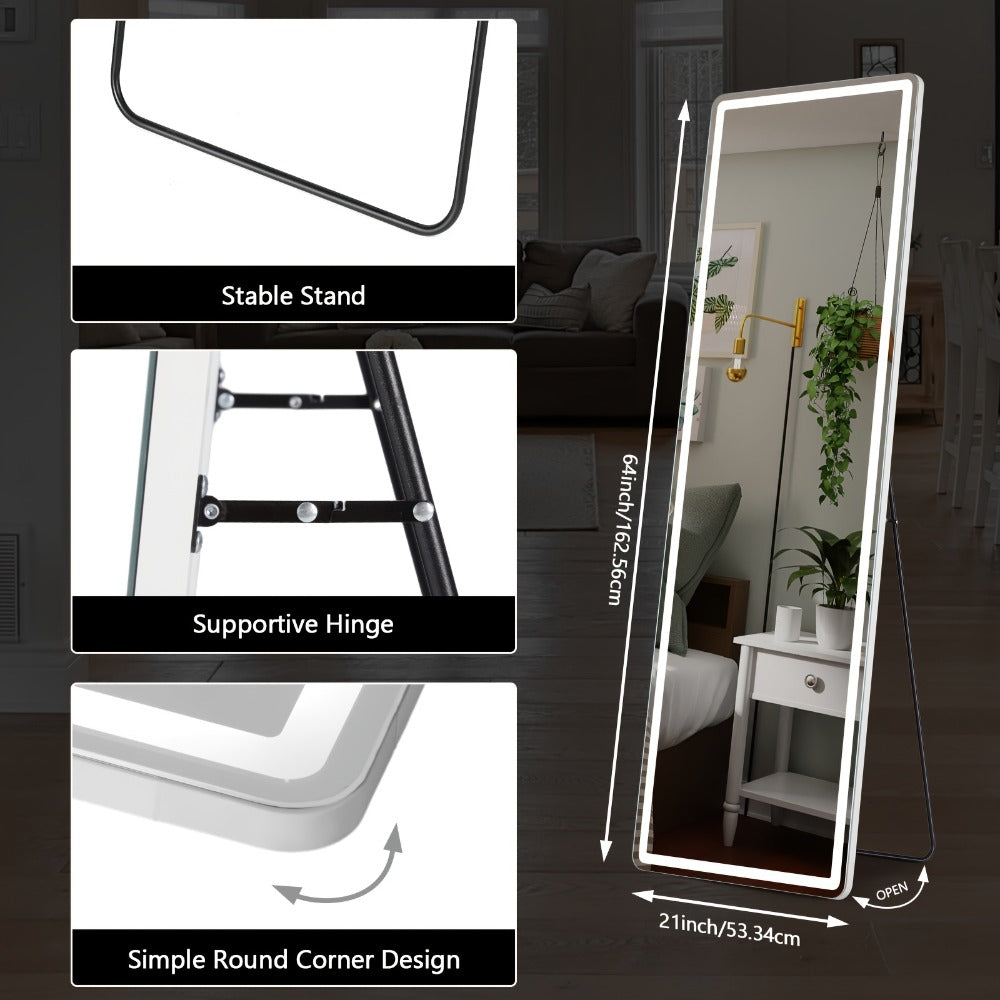 Full Length Mirror with LED Lights & Touch Sensor, 64"x21" Dimmable Smart Floor Mirror, Wall Mount or Freestanding