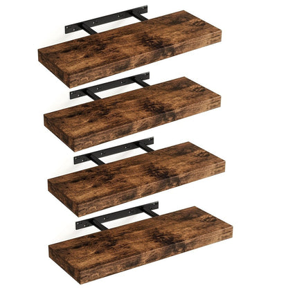 Floating Wall Shelves Set of 4, Retro Style Wall Mounted Shelves with Invisible Brackets for Bathroom Living Room Bedroom Kitchen, Brown Black White Gray Home Decor Display
