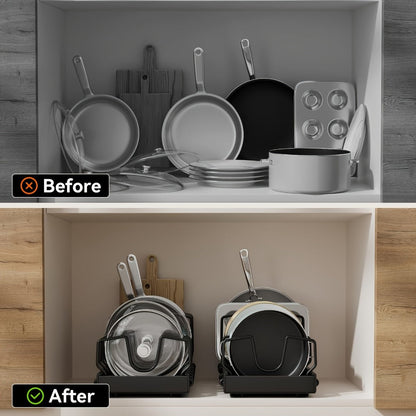 Two-Piece Pull-Out Cabinet Organizer for Pot Lids and Cookware with Removable Dividers in Black or White