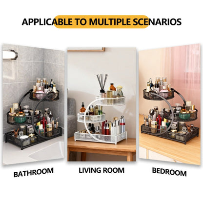Three-Tier Metal Makeup Organizer with Round Baskets, Tissue Holder and White Iron Frame Design