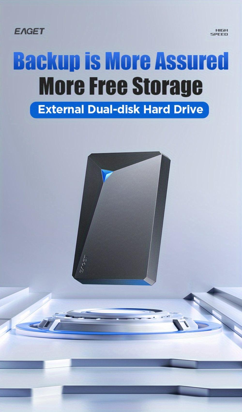 Dual-Disk 1TB Portable Hard Drive with USB 3.0 Interface, EAGET G20 Pro Black Enclosure and Type-C Diagram