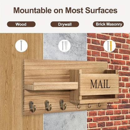 Wall Mounted Storage Rack with Mail Slot – Rustic Wood Floating Shelf with Hooks for Keys, Hats & Envelopes, Decorative Organizer for Entryway, Porch, Bedroom, Bathroom & Living Room