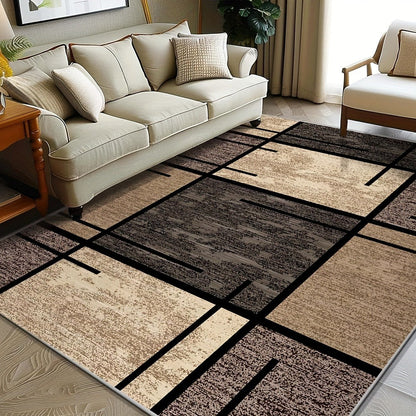 Area Rug Geometric Beige Brown 850 GSM Polyester Velvet in Four Machine-Washable Room Sizes