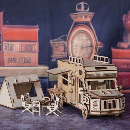 Wooden RV 3D Puzzle Model Kit with Motorhome Body, Fold-Out Side Panels and Miniature Camping Furniture