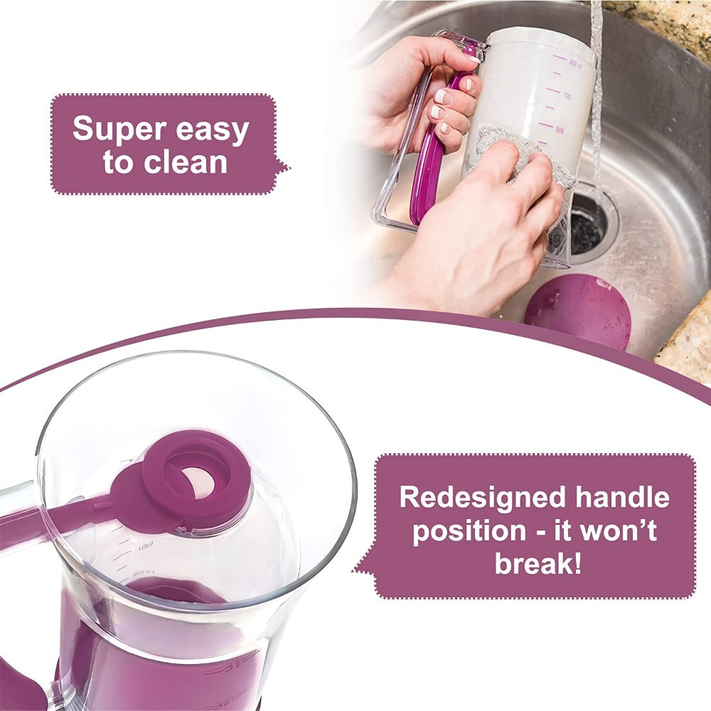 Handheld Pancake Batter Dispenser with Graduated Cup, Bottom Valve and White Cleaning Brush