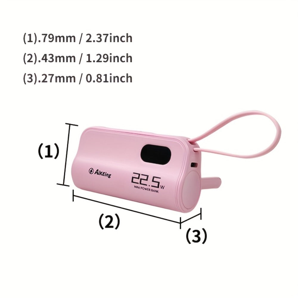 Mini Capsule Power Bank 5000mAh 22.5W Fast Charging Portable Charger Dual USB-C USB-A Pocket Sized for iPhone Android Samsung Travel Everyday Carry Black Pink Purple