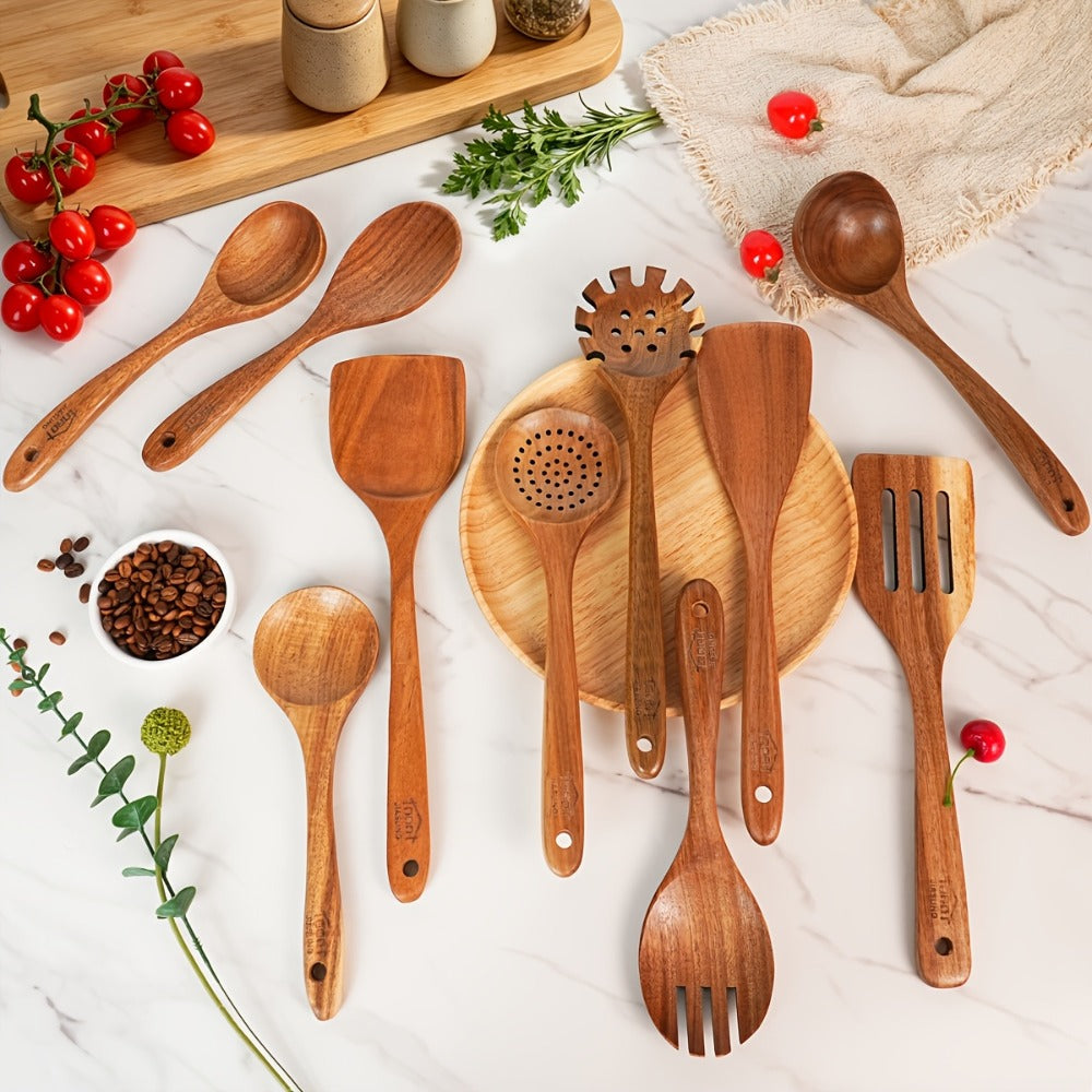 Wooden Spoons for Cooking 10 Pcs – Teak Wood Kitchen Utensils Set, Non-Stick Safe Spatulas & Spoon Cooking Tools