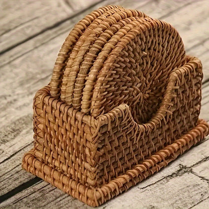 Six-Piece Round Rattan Woven Coaster Set, 3.93-Inch Drink Mats in Natural Khaki for Tabletop Display