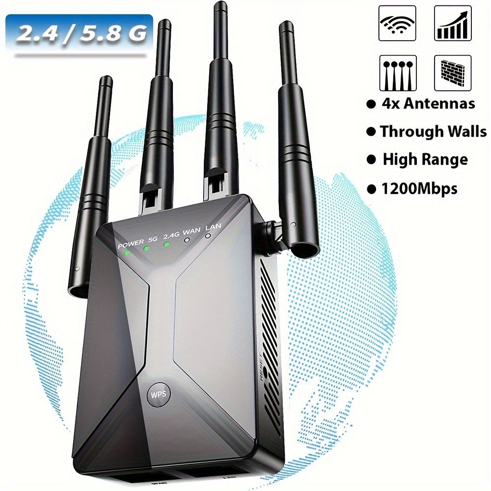 WiFi Range Extender 1200Mbps Dual-Band 2.4/5.8GHz with Four Antennas and Ethernet Port in Black