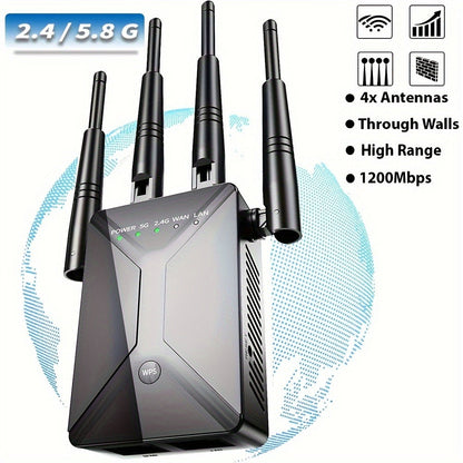 WiFi Range Extender 1200Mbps Dual-Band 2.4/5.8GHz with Four Antennas and Ethernet Port in Black