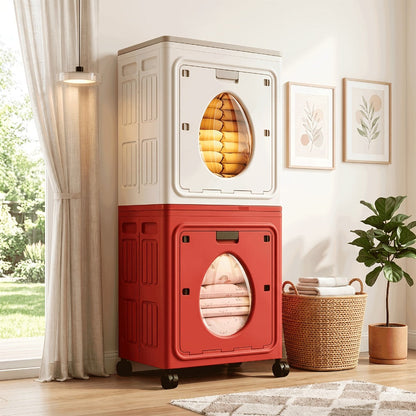37-Gallon Foldable Storage Box with Rolling Casters, Top Access and Round Front Window in White or Red