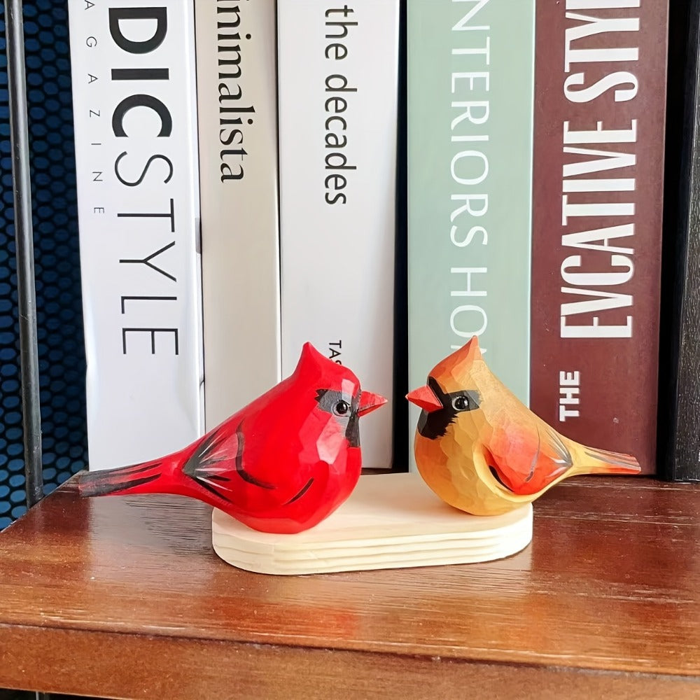 Cardinal Bird Statues Handmade Wood Carving 2pcs - Painted Decorative Bird Figurines for Home Decor Shelf Garden - Best Gift for Bird Lovers Birthday Christmas Family Friends