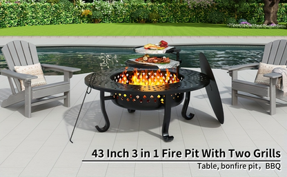 Fire Pit 43 Inch with 2 Cooking Grills & Lid Outdoor Wood Burning Firepit Round Metal Table for Backyard Patio Garden Camping Bonfire