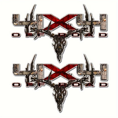 Two-Piece Hunting Skull Truck Decal Set with Antlers, Crossed Arrows and Red Center Accent