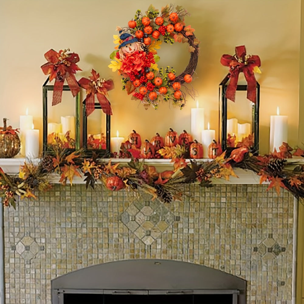 Autumn Front Door Wreath with Pumpkins, Maple Leaves, Red Flowers and Harvest Doll Accent for Seasonal Decor
