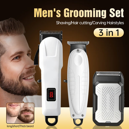 Hair Clippers & Trimmers White Grooming Set with LCD Screens, USB-C Charging and One, Two or Three Pieces