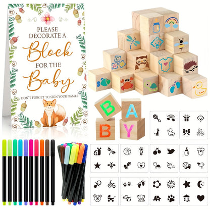 Wooden Block Stacking Party Game in Five Classic, Floral, Greenery, Fox or Bear Style Options