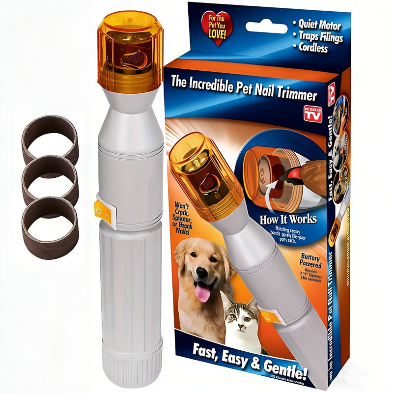 Pet Nail Grinder, Battery-Operated Tool with Three Replacement Grinding Bands for Dogs and Cats