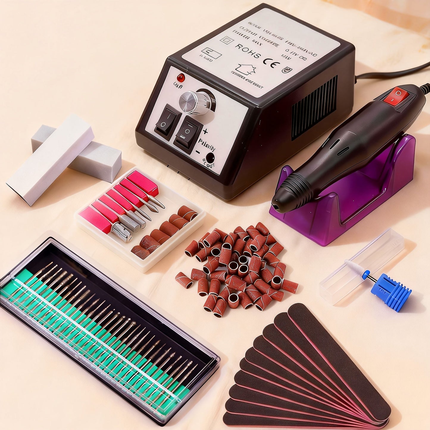 Professional Nail Drill Kit 20000RPM with 6 Drill Bits & 50 Sanding Bands — Electric Manicure Pedicure Machine Low Noise Dual-Hand for Acrylic Gel Natural Nails, Home & Salon Nail File Set, 8-in-1 Option
