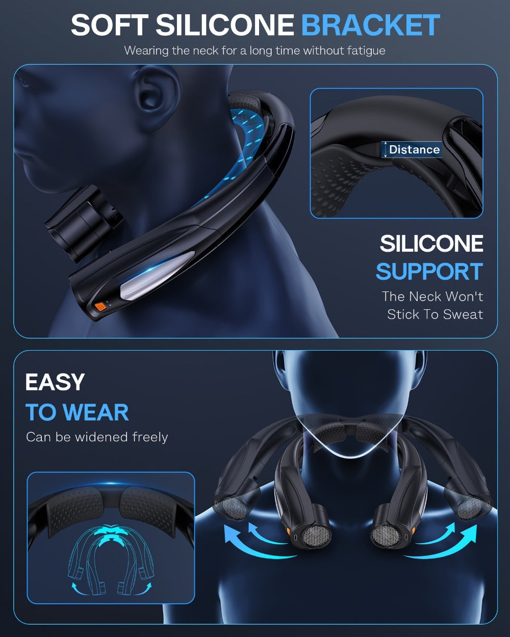 Wearable Neck Fan with Dual 3000mAh Battery Labels, Six Settings, USB-C Charging and Three Colors