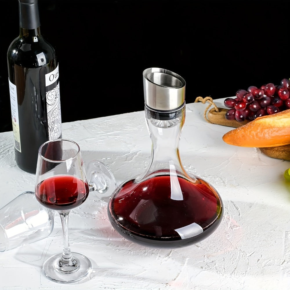 One-Thousand-Milliliter Clear Glass-Style Wine Decanter with Stainless-Steel-Style Aerator