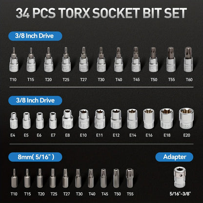 Torx Star Bit Socket Set 34/46-Piece - 3/8" Drive CR-V E-Socket E4-E20, T10-T60, Tamper-Proof TT10-TT55, S2 Steel, 5/16"F to 3/8"M Adapter, Storage Case - For Car, Truck & Home Improvement